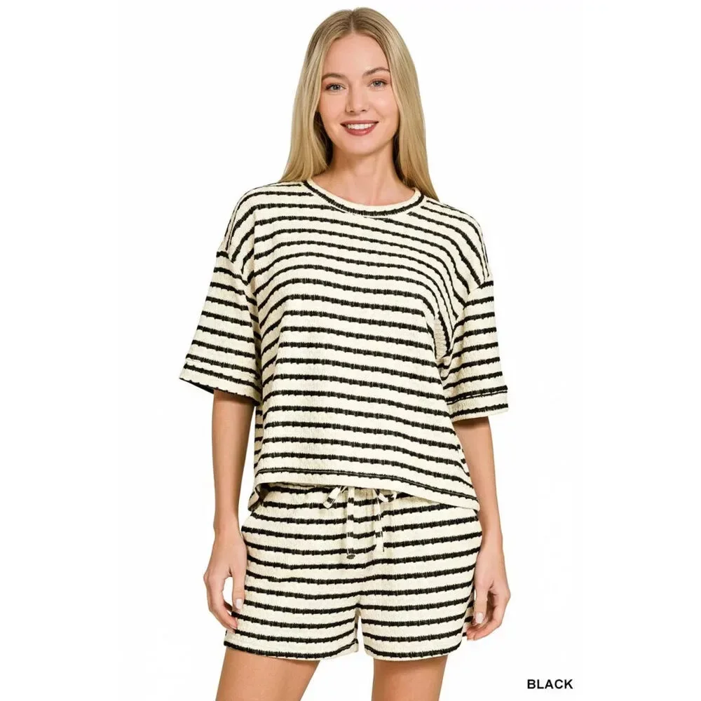 Zenana Striped Short Sleeve Tee & Shorts Set